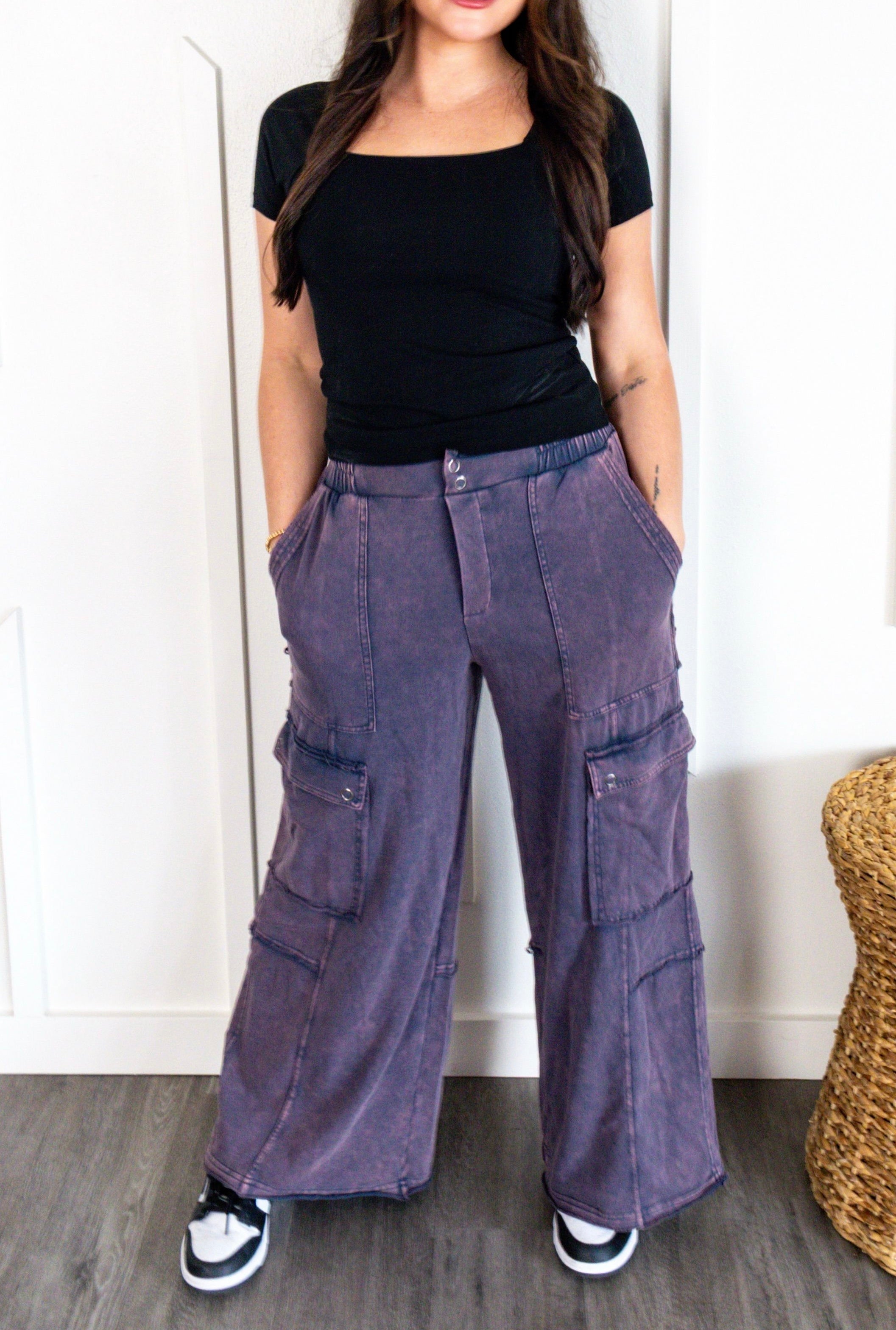 Mineral Washed Flap Pocket Knit Cargo Pants by Davi & Dani, showcasing a stylish and comfortable design for everyday wear.