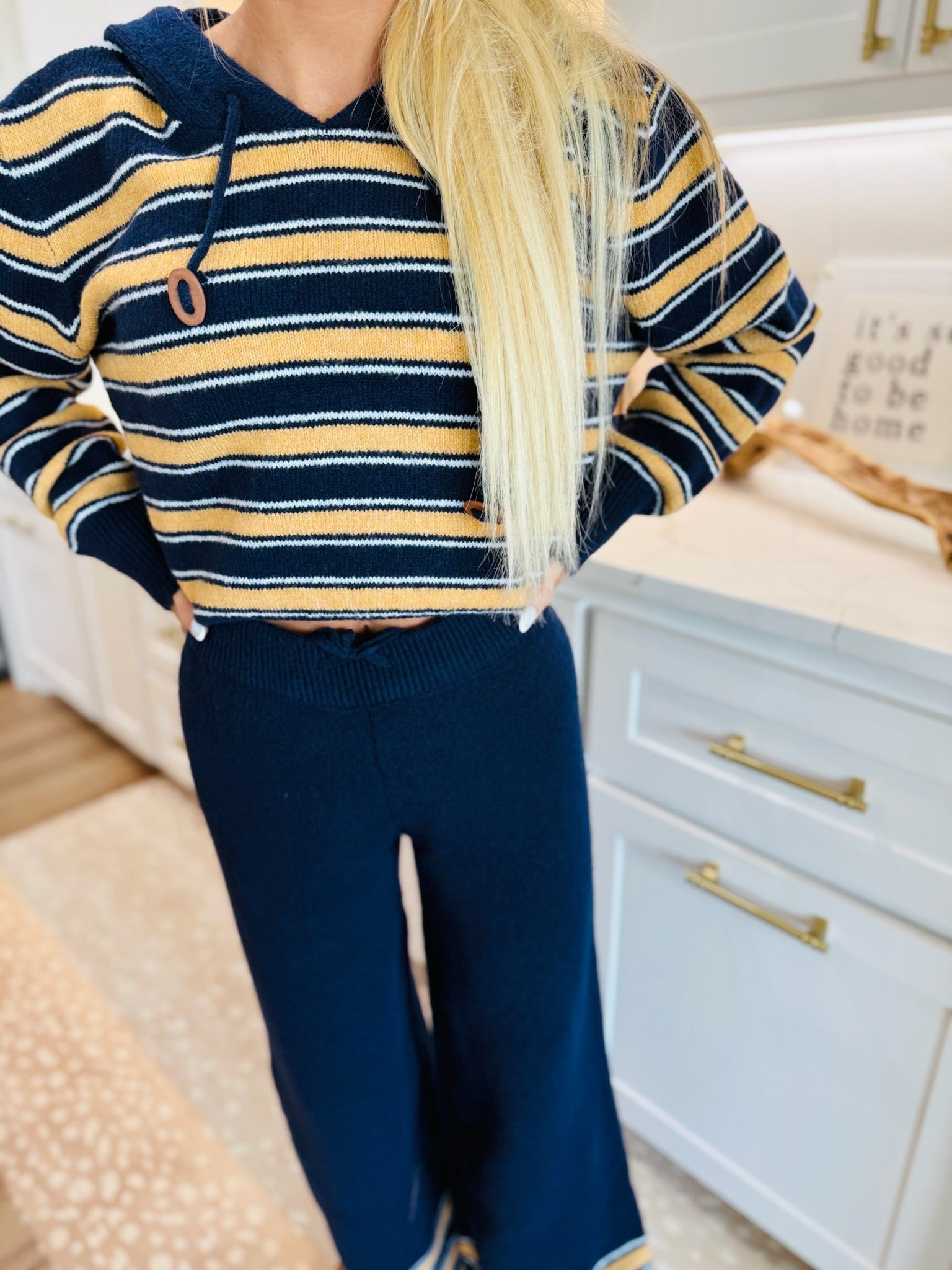 MULTI-COLOR NAVY & BUTTER HOODED KNIT SET- COZY WINTER SET - SET