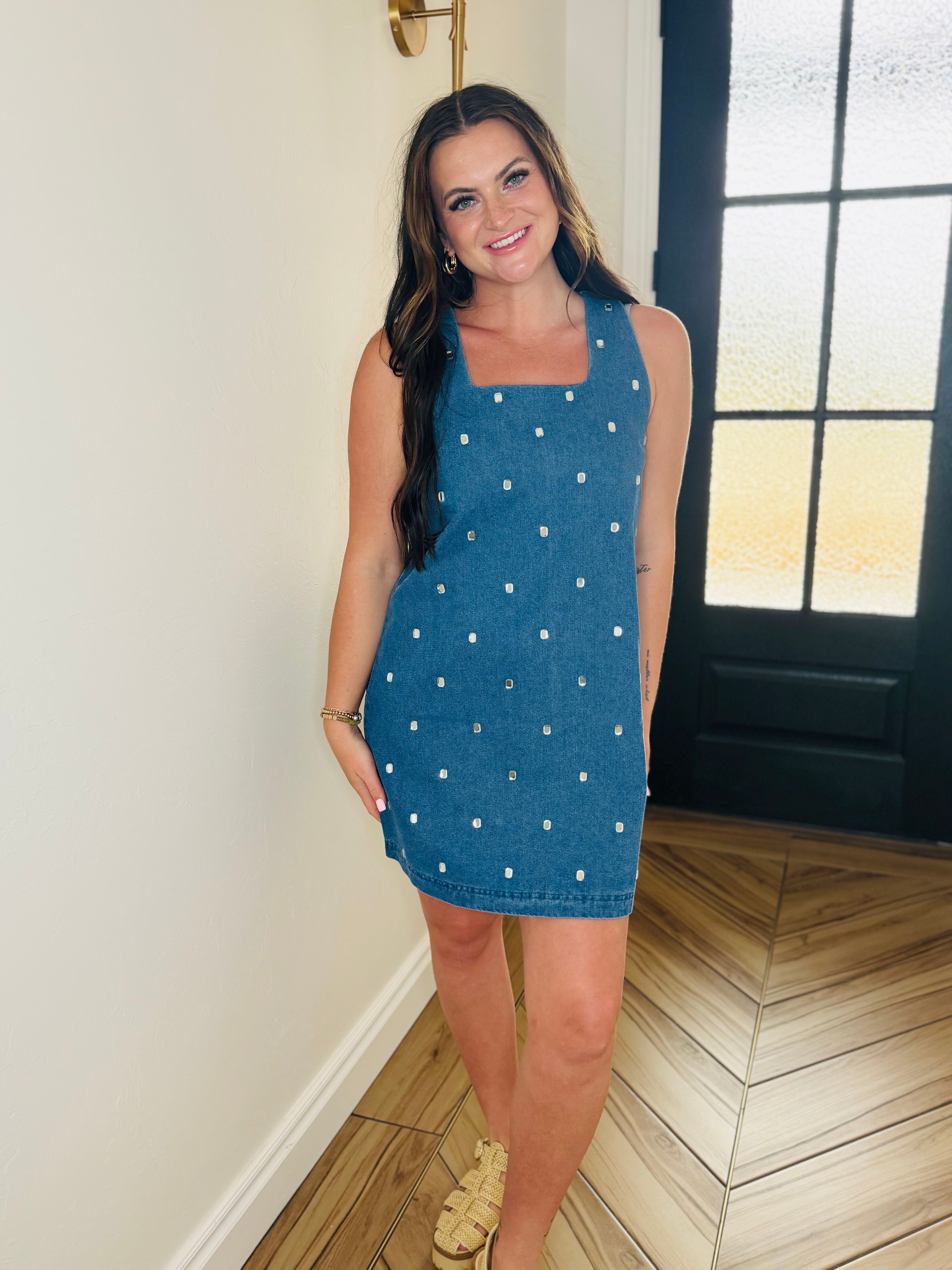 Full view of the sleeveless denim dress with clear jewels by Entro, an effortlessly chic wardrobe staple.