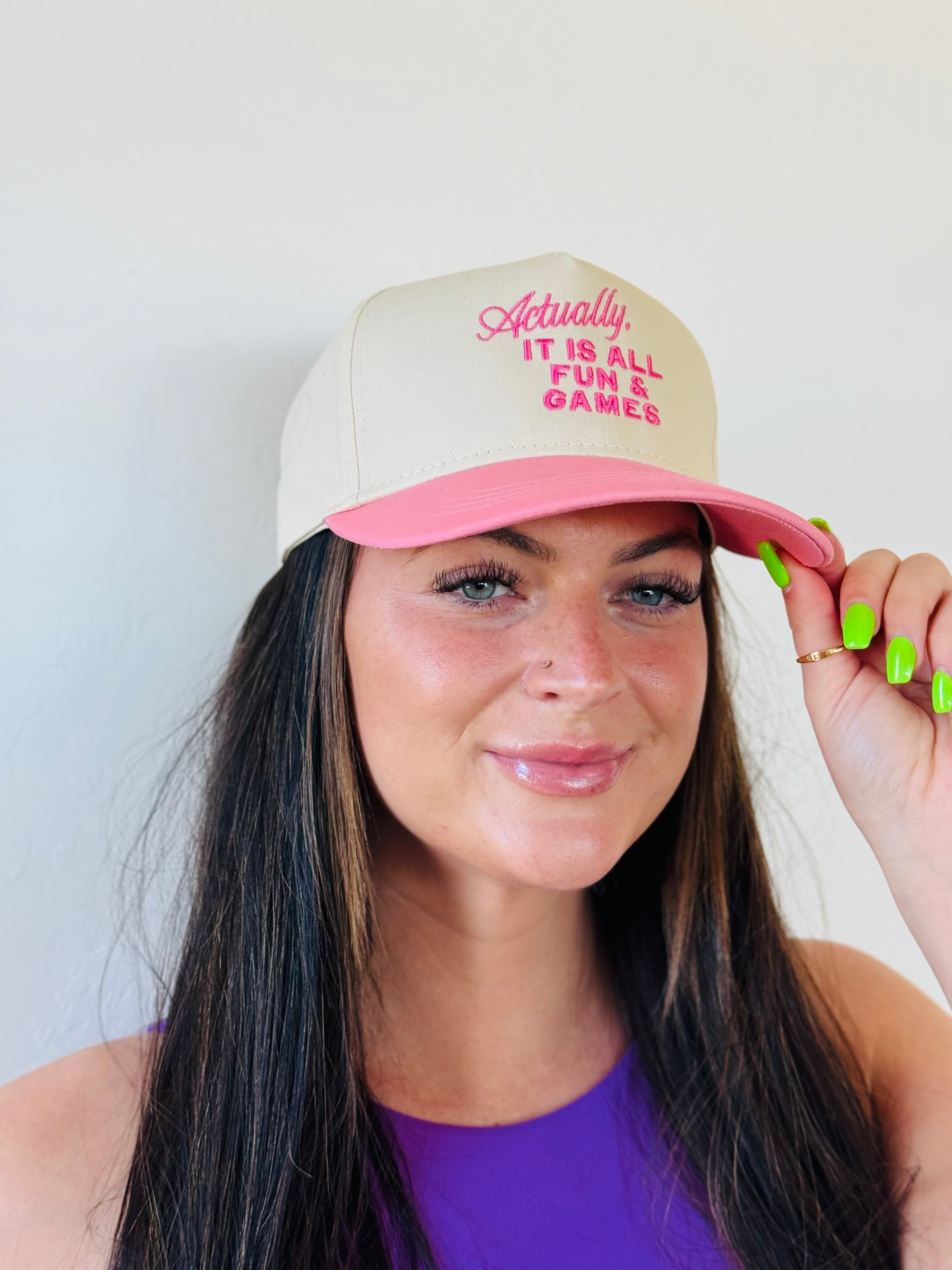Close-up view of the ACTUALLY IT IS ALL FUN & GAMES TRUCKER HAT, featuring a vibrant and quirky embroidery that captures a fun lifestyle.