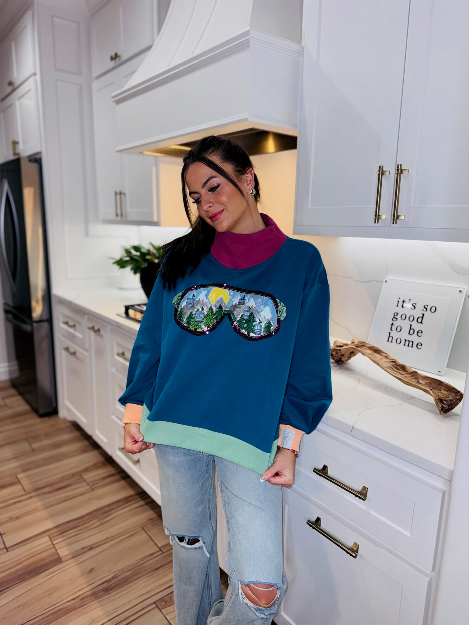 QUEEN OF SPARKLES COLORBLOCK SKI GOGGLE REFLECTION MOCK NECK SWEATSHIRT - Tops