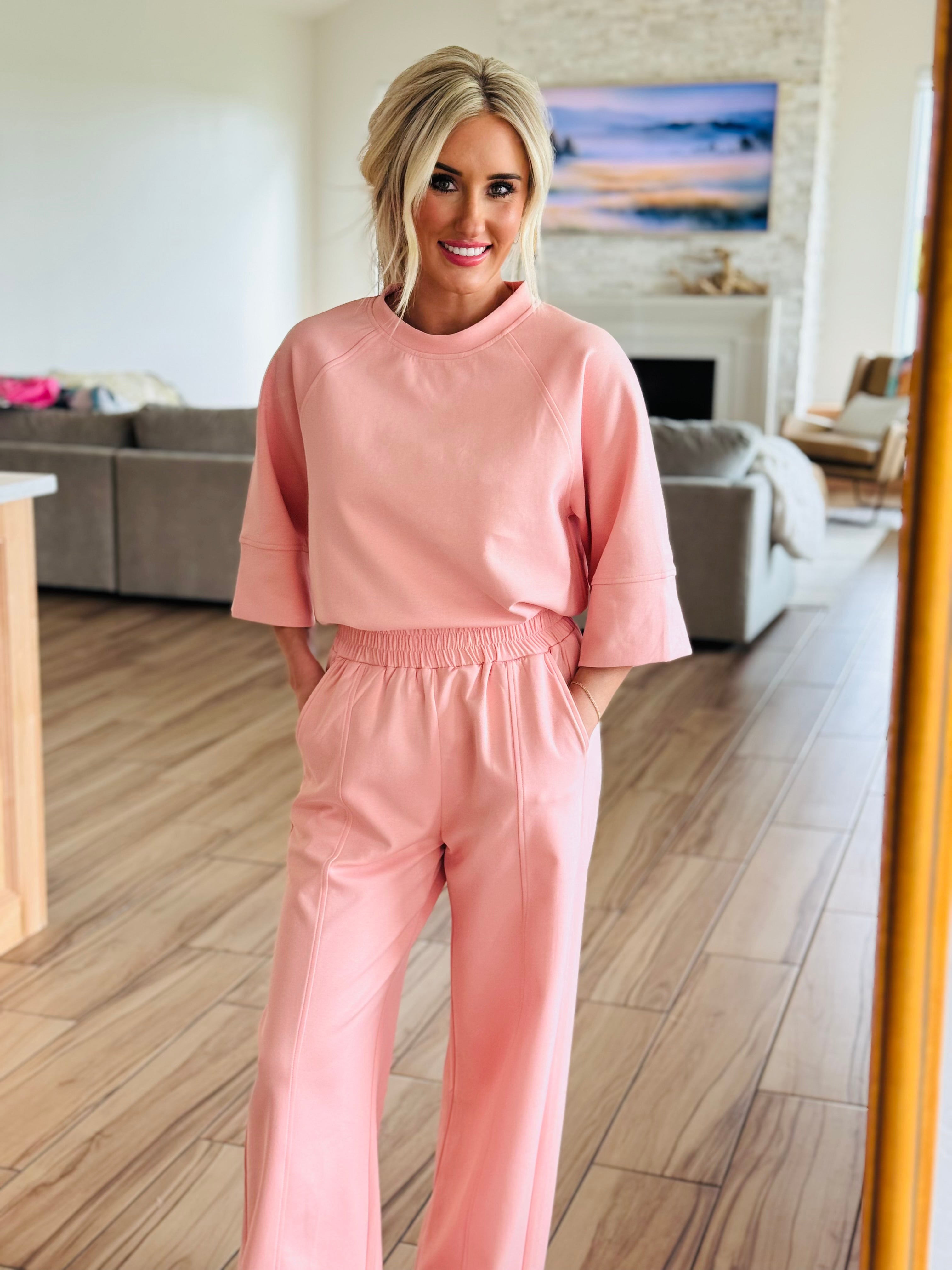 Stylish Blush Breeze Matching Set by She & Sky featuring a rose pink color and relaxed fit, perfect for casual outings.