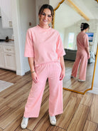 Blush Breeze Matching Set - Comfortable rose pink pant set with elastic waistband, side pockets, and tapered legs for a chic, relaxed style.