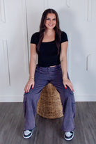 Stylish Mineral Washed Flap Pocket Knit Cargo Pants by Davi & Dani, perfect for casual and utilitarian fashion.