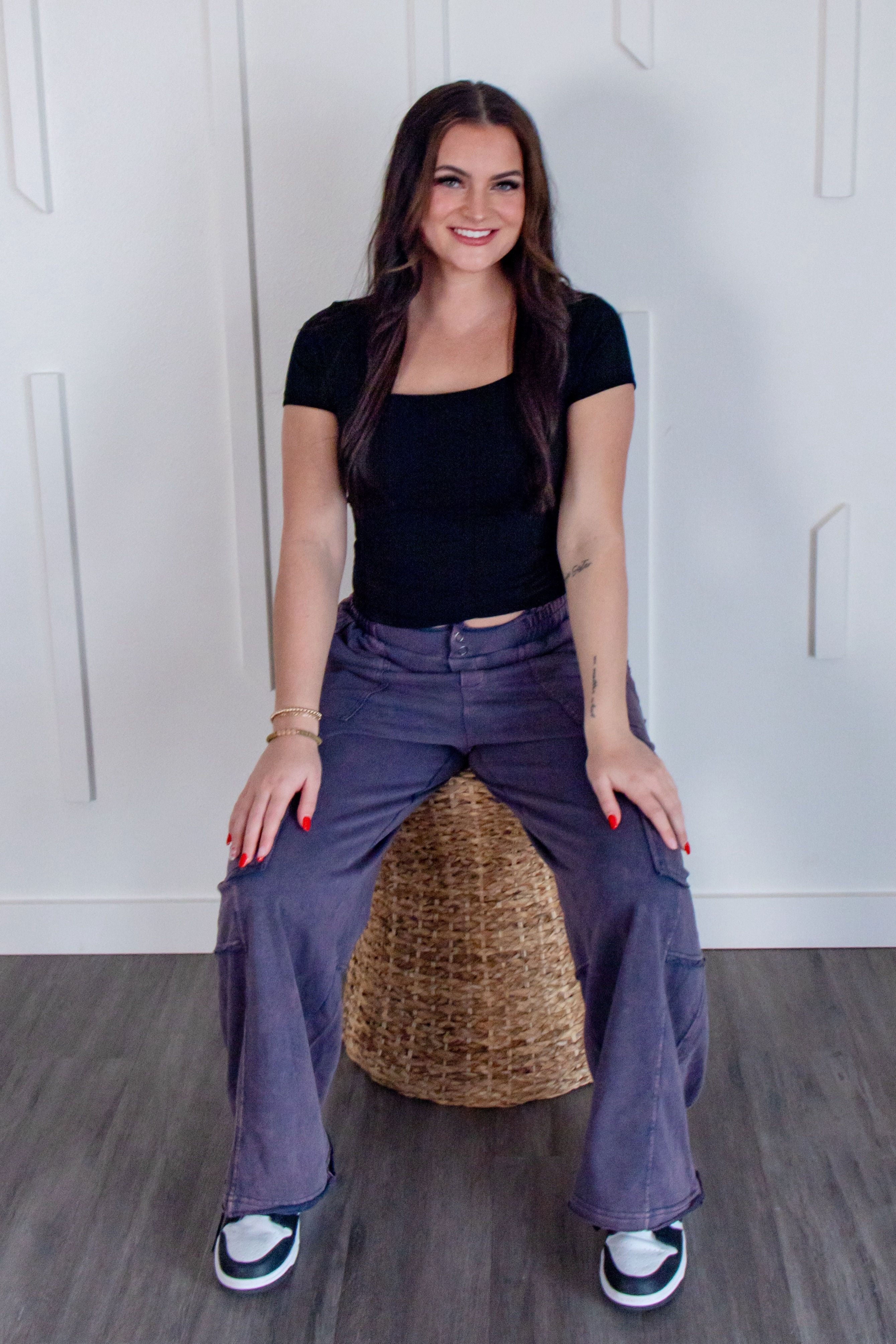 Stylish Mineral Washed Flap Pocket Knit Cargo Pants by Davi & Dani, perfect for casual and utilitarian fashion.
