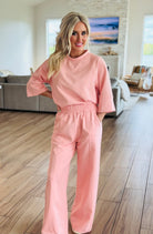 Comfortable and versatile Blush Breeze Matching Set showcasing ¾ length sleeves and elastic waistband, ideal for brunch and lounging.