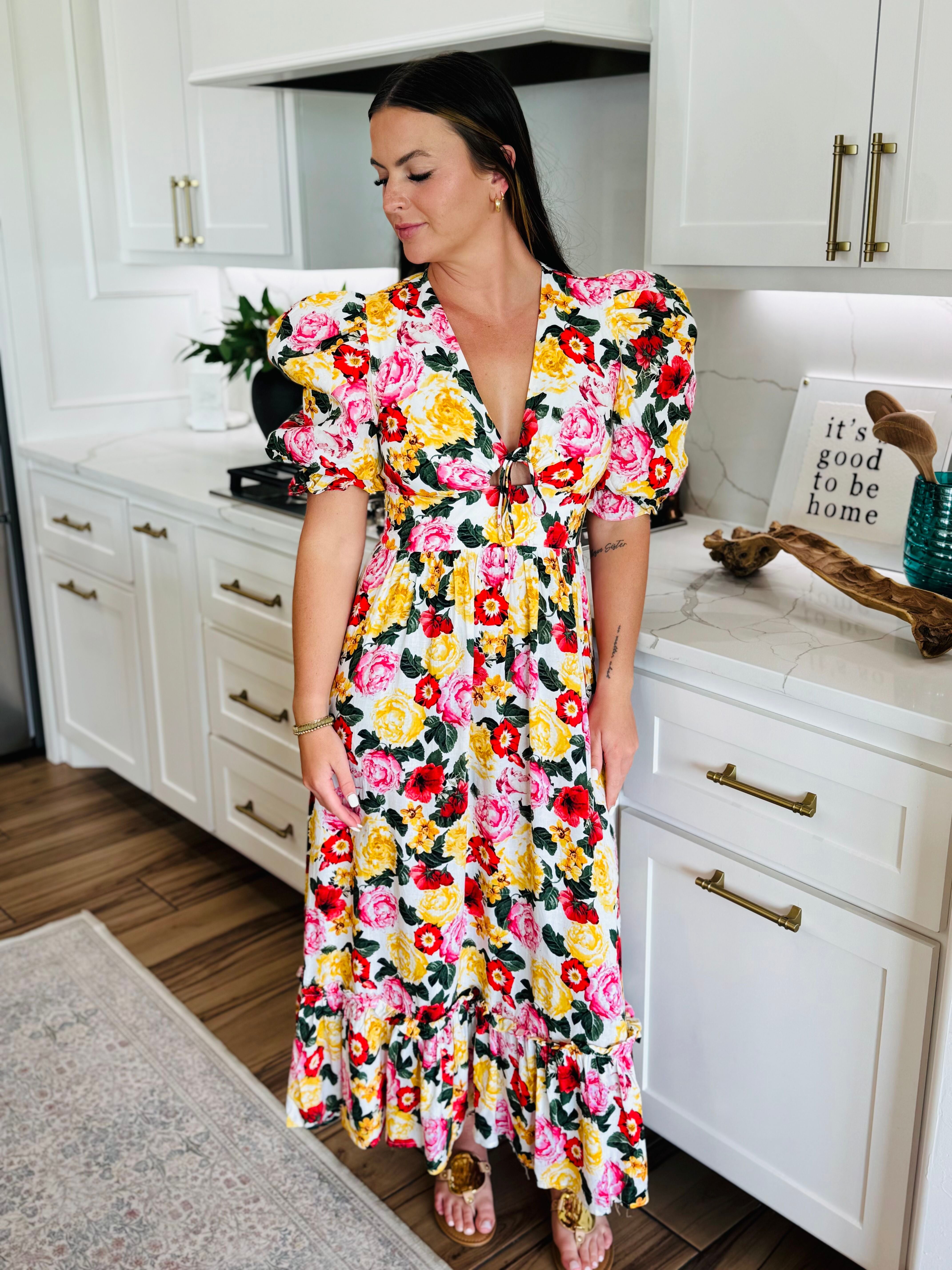Miranda Puff Sleeve Maxi Dress by Buddy Love featuring delicate spring florals and playful puff sleeves.