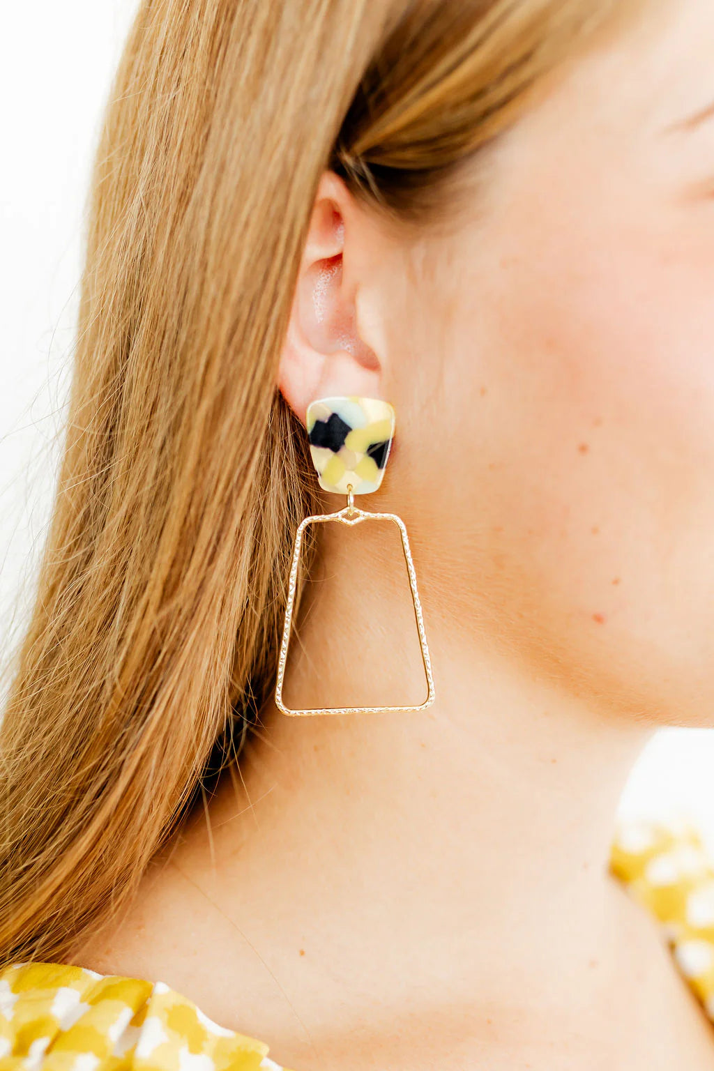Close-up of Kaelyn - Green-Mustard Camo - Earrings showing unique gold-plated alloy pendant and lightweight design ideal for sensitive ears.