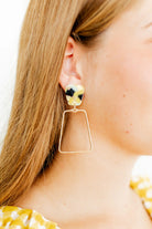 Close-up of Kaelyn - Green-Mustard Camo - Earrings showing unique gold-plated alloy pendant and lightweight design ideal for sensitive ears.