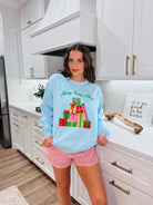 LIGHT BLUE ’MERRY EVERYTHING’ PRESENT EMBROIDERED SWEATSHIRT