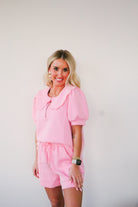Comfortable Butter Soft Pink Shorts with an elastic drawstring waist, ideal for casual wear and staying stylish throughout the day.