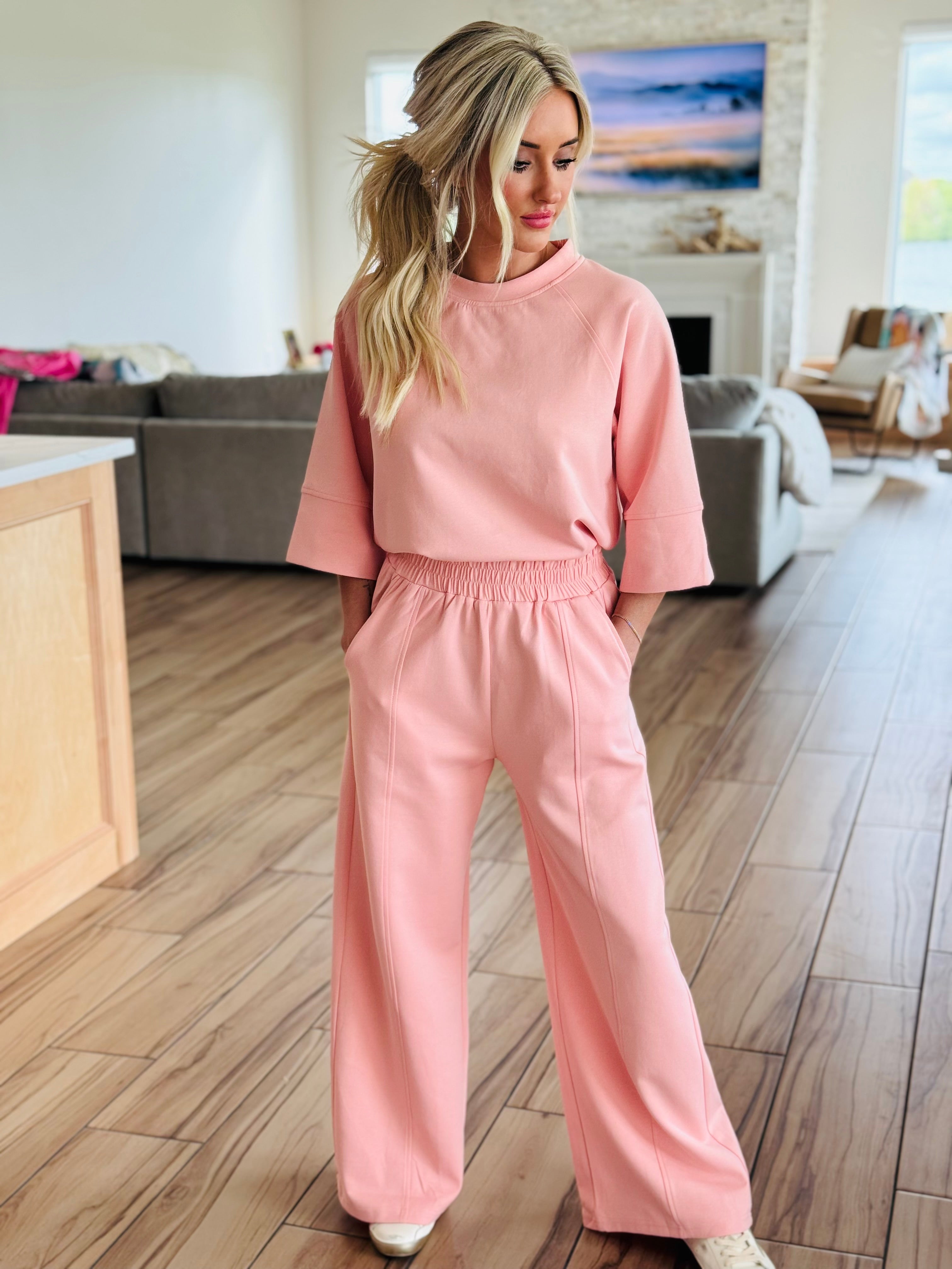 Blush Breeze Matching Set - Stylish rose pink two-piece casual outfit featuring a flattering silhouette, ¾ length sleeves, and lightweight scuba knit fabric.