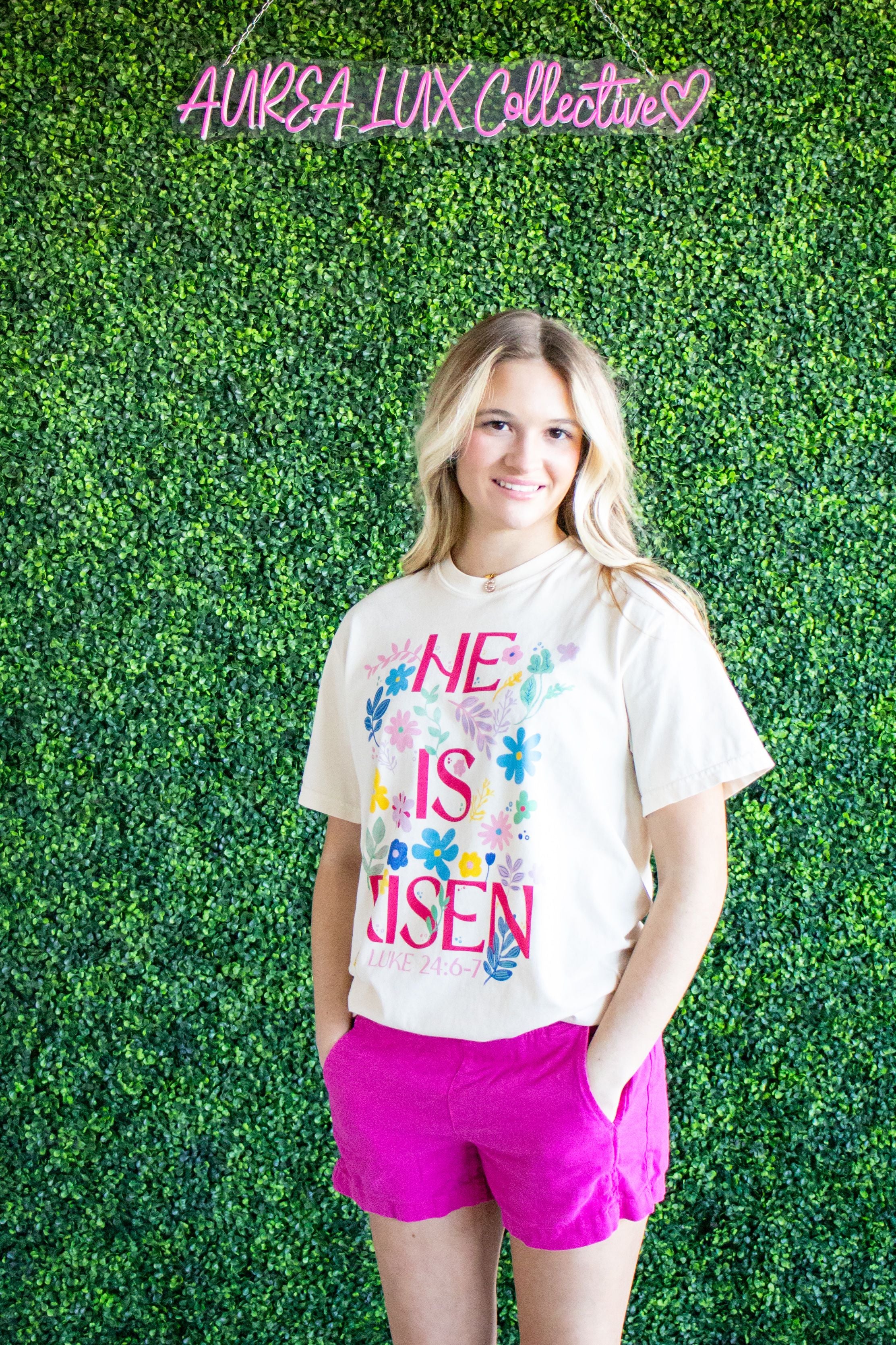 Close-up view of the He Is Risen Tee by Poppy & Pine, showcasing the vibrant print and comfortable fabric perfect for celebrating faith.