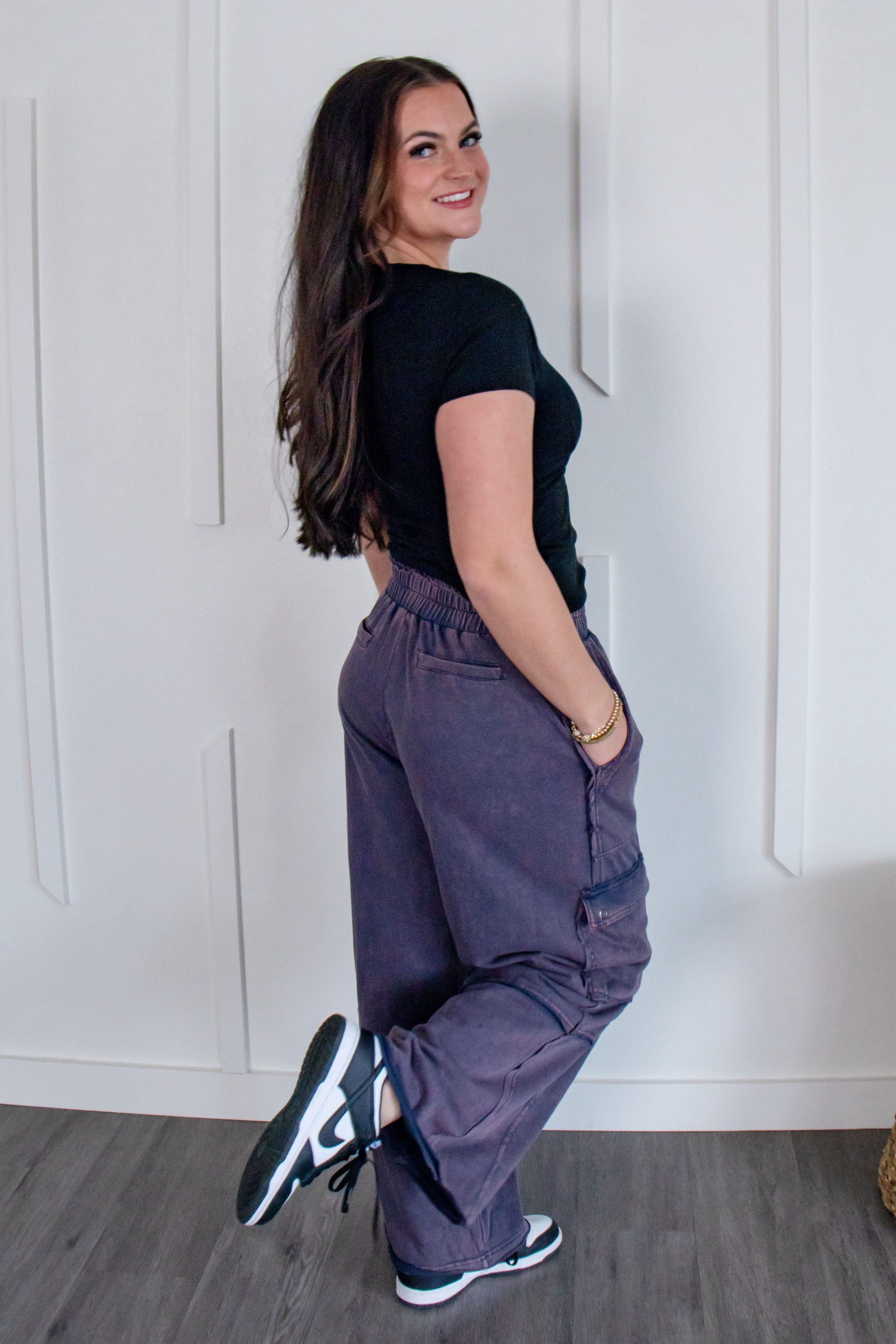 Versatile Mineral Washed Flap Pocket Knit Cargo Pants in a trendy color, perfect for adding a utilitarian touch to your wardrobe.