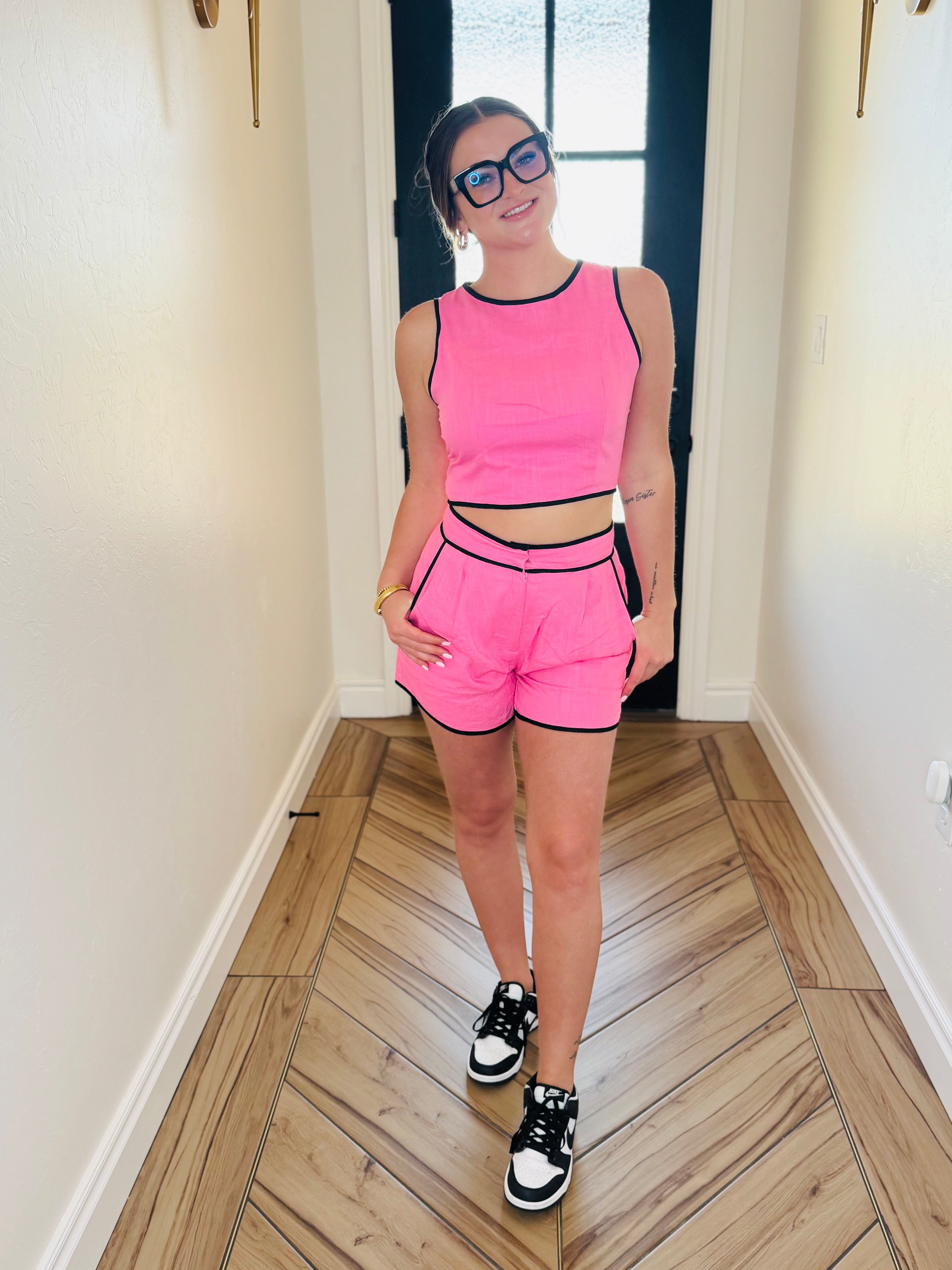 Barbie Pink and Black Matching Short Set showcasing luxurious high-quality fabric with black piping trim, perfect for stylish summer outings.