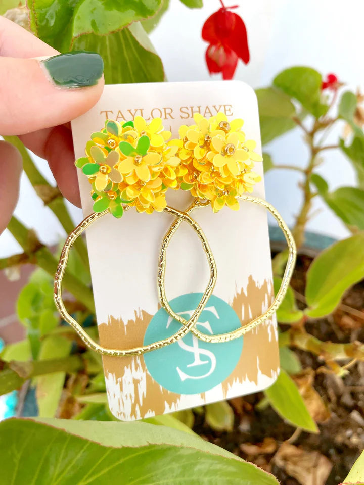IRIDESCENT FLOWER TOP HOOPS-YELLOW showcasing a soft and lightweight design for elegant or sassy dressing, perfect for any occasion.