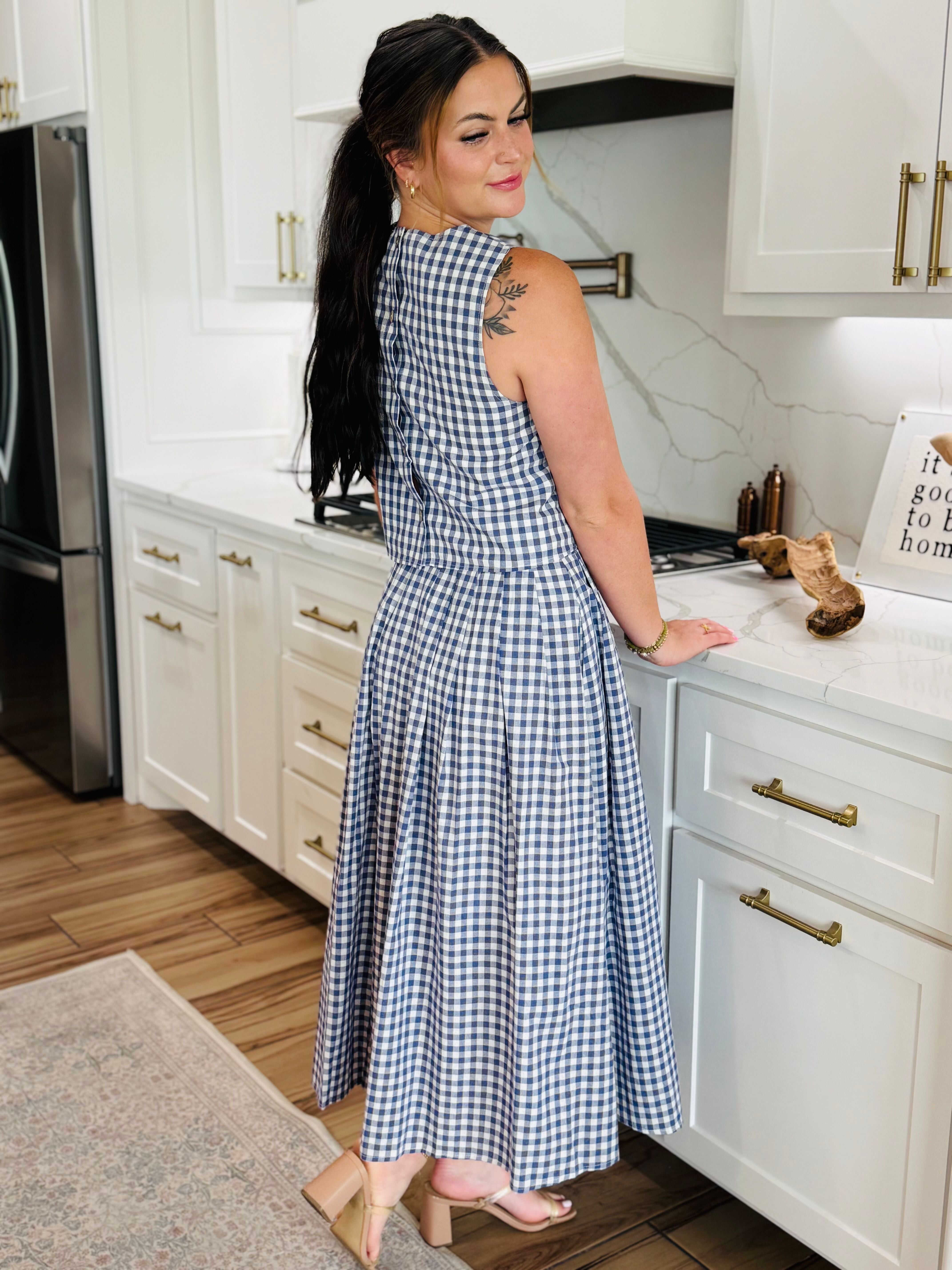 Full view of the Blue Gingham Matching Skirt Set displaying its lightweight woven fabric and unlined design, ideal for effortless summer fashion.
