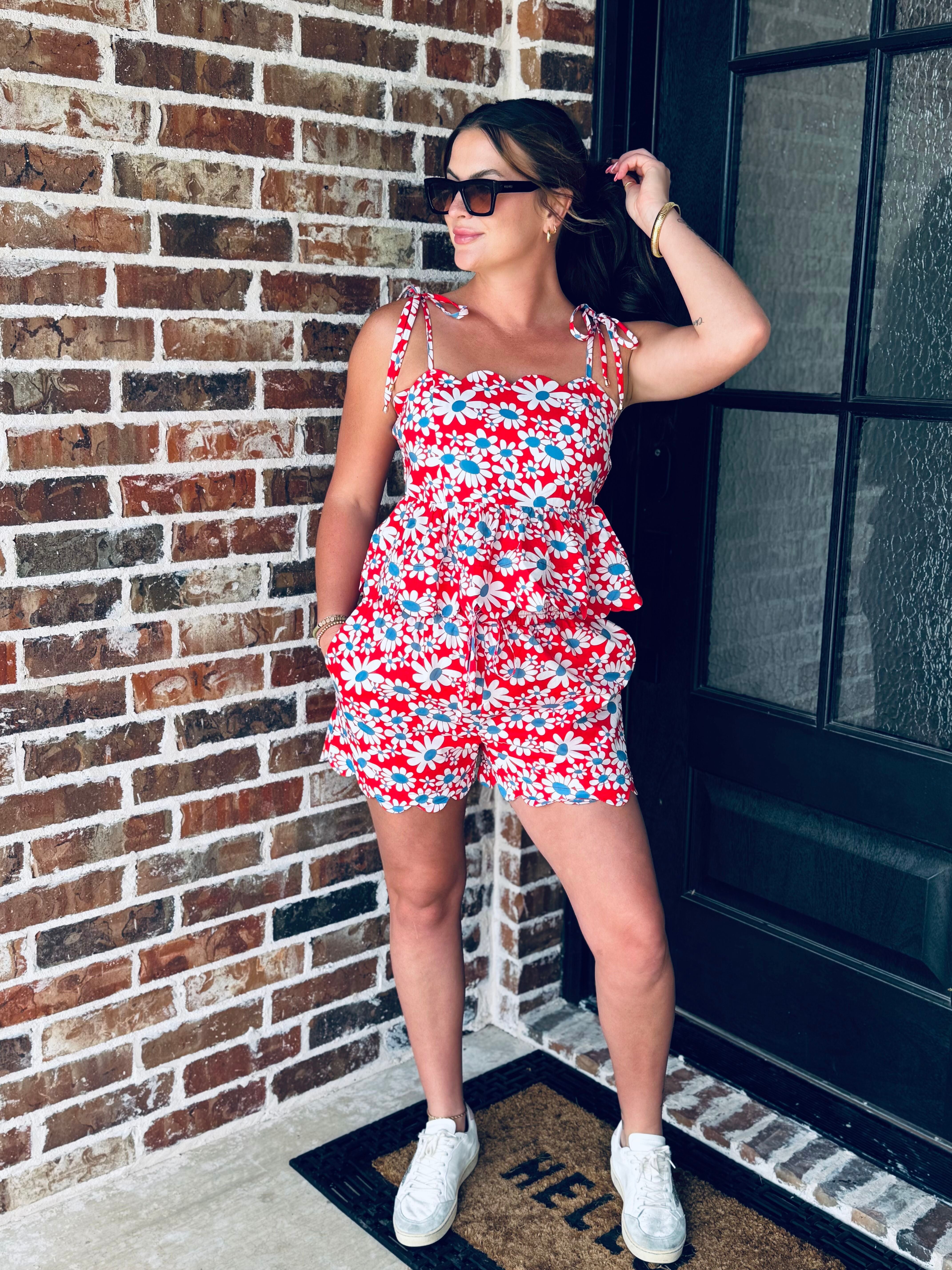Close-up of the elastic back of the Red, White and Blue Floral Matching Short Set for added comfort and flexibility.