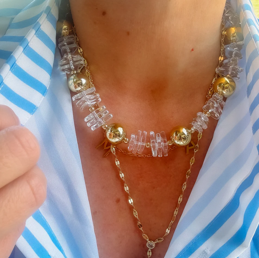 Clearly Understated Beaded Necklace showcasing clear and gold beads, perfect for adding elegance and sophistication to any outfit.