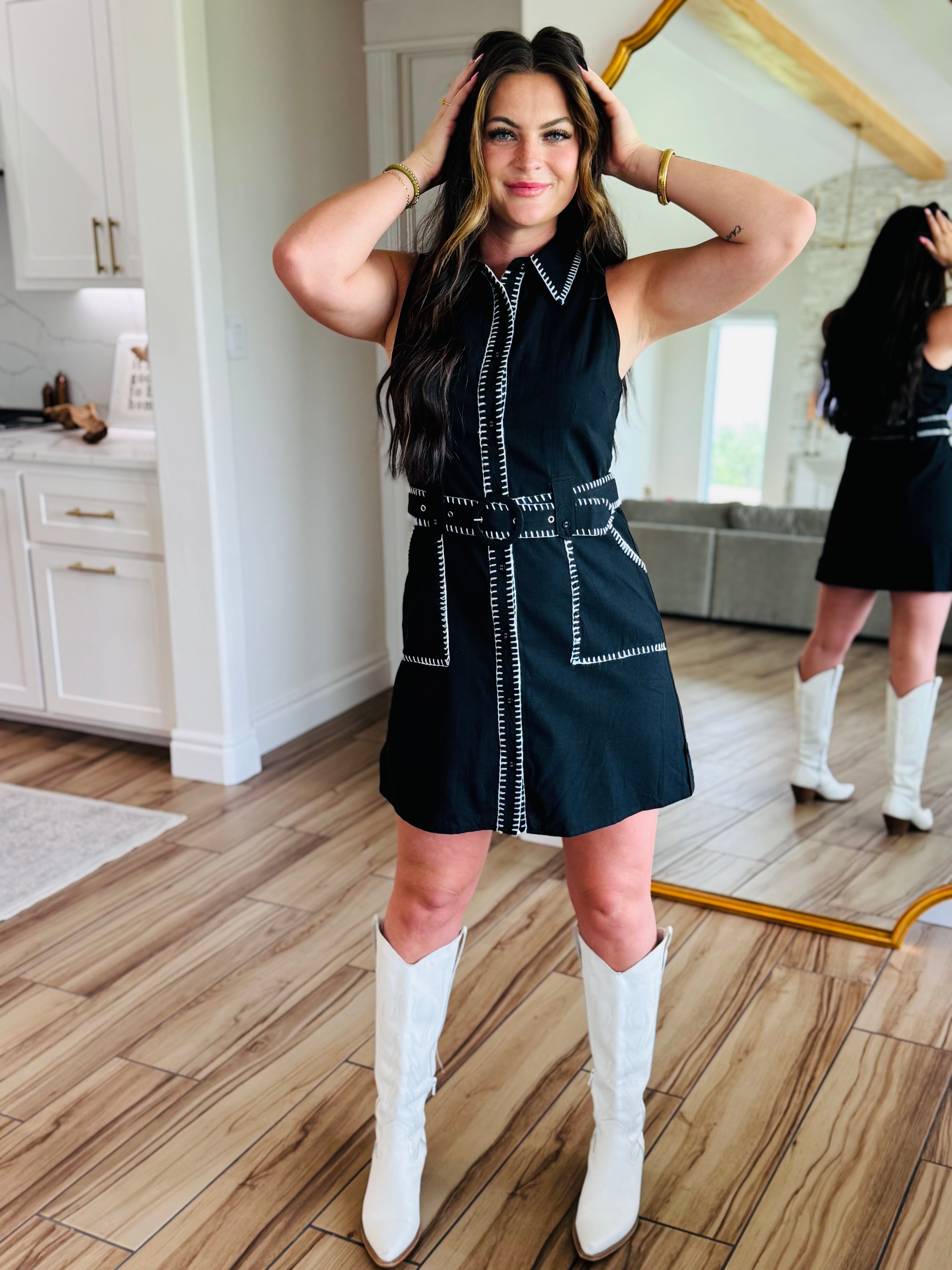 Black Sleeveless Dress with Contrast Stitching featuring a stylish collared neckline and bold blanket stitch edge detail, perfect for a chic summer look.