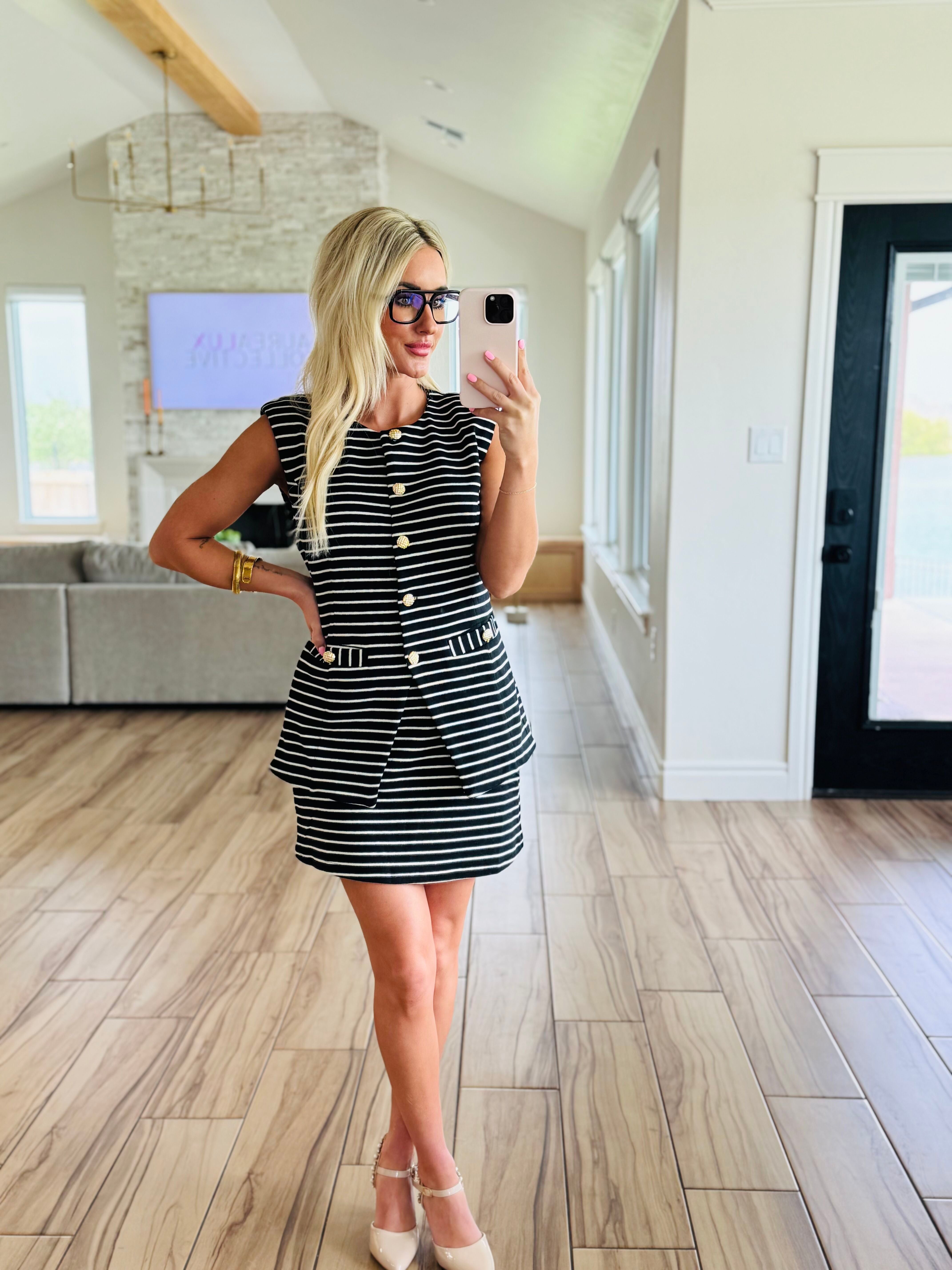 Full-length display of the Striped Knit Tailored Matching Skirt Set styled for versatile occasions, exuding polished confidence.