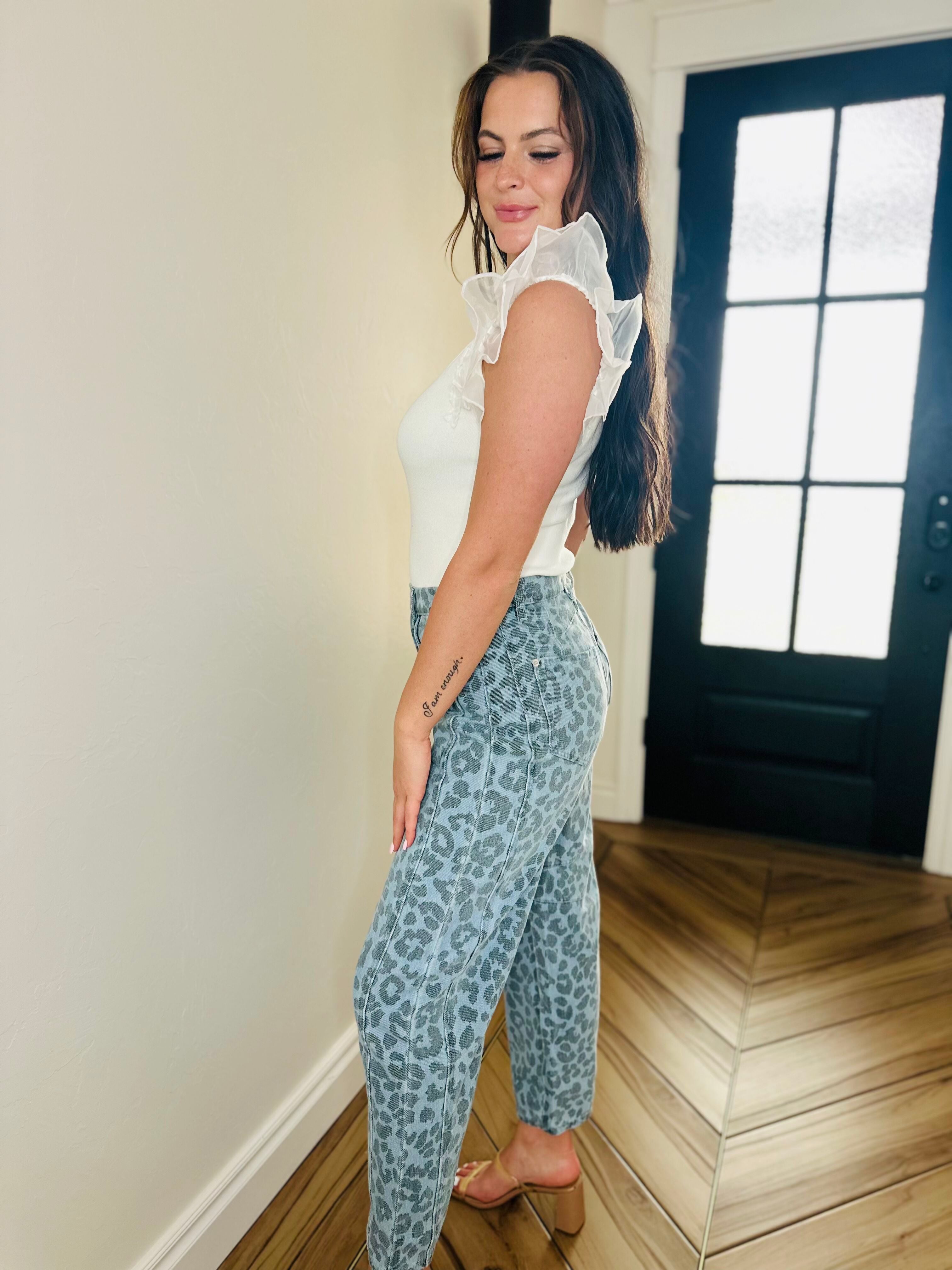 Back in stock BLUE LEOPARD DENIM JEANS that sold out quickly, now available to make a bold fashion statement.