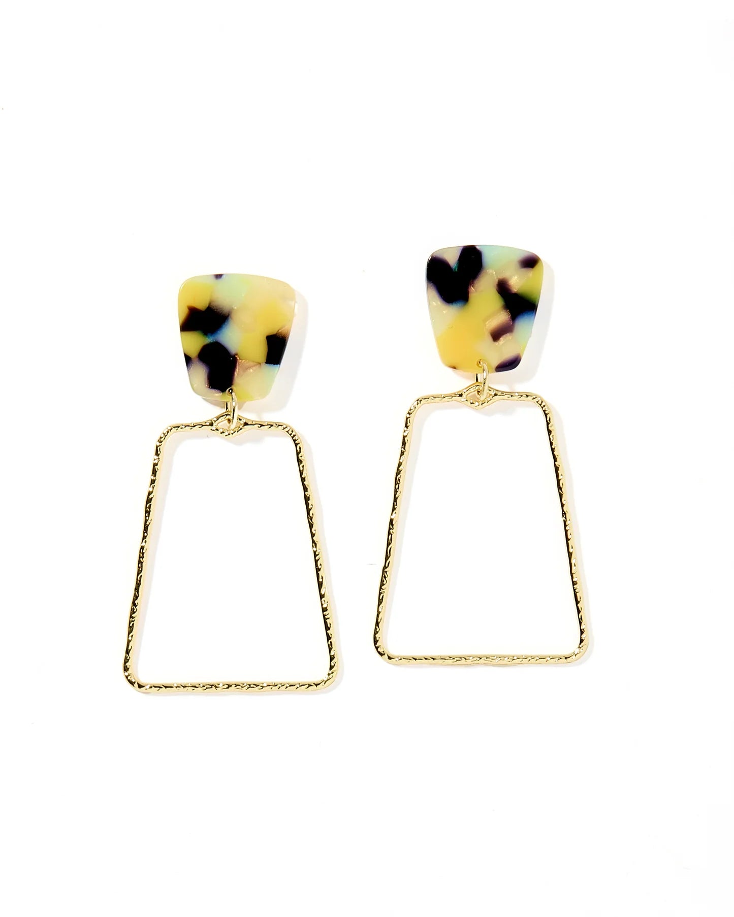 Kaelyn - Green-Mustard Camo - Earrings featuring dark green, yellow, gold, and mint marbled design with a glossy finish, perfect for stylish gals.