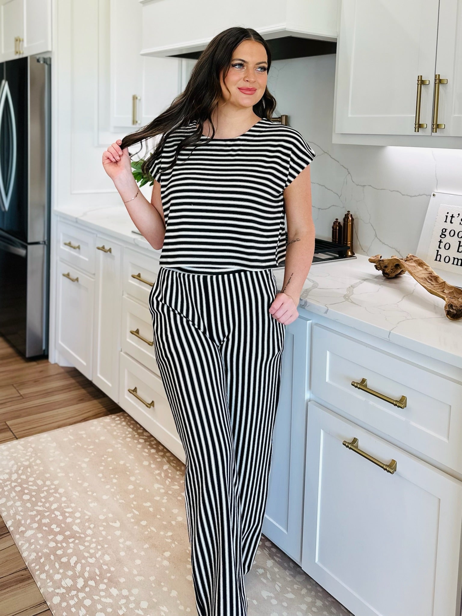 BLACK AND CREAM STRIPED KNIT MATCHING SET - SET