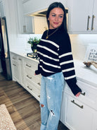 BLACK AND CREAM STRIPED SWEATER - M - Tops