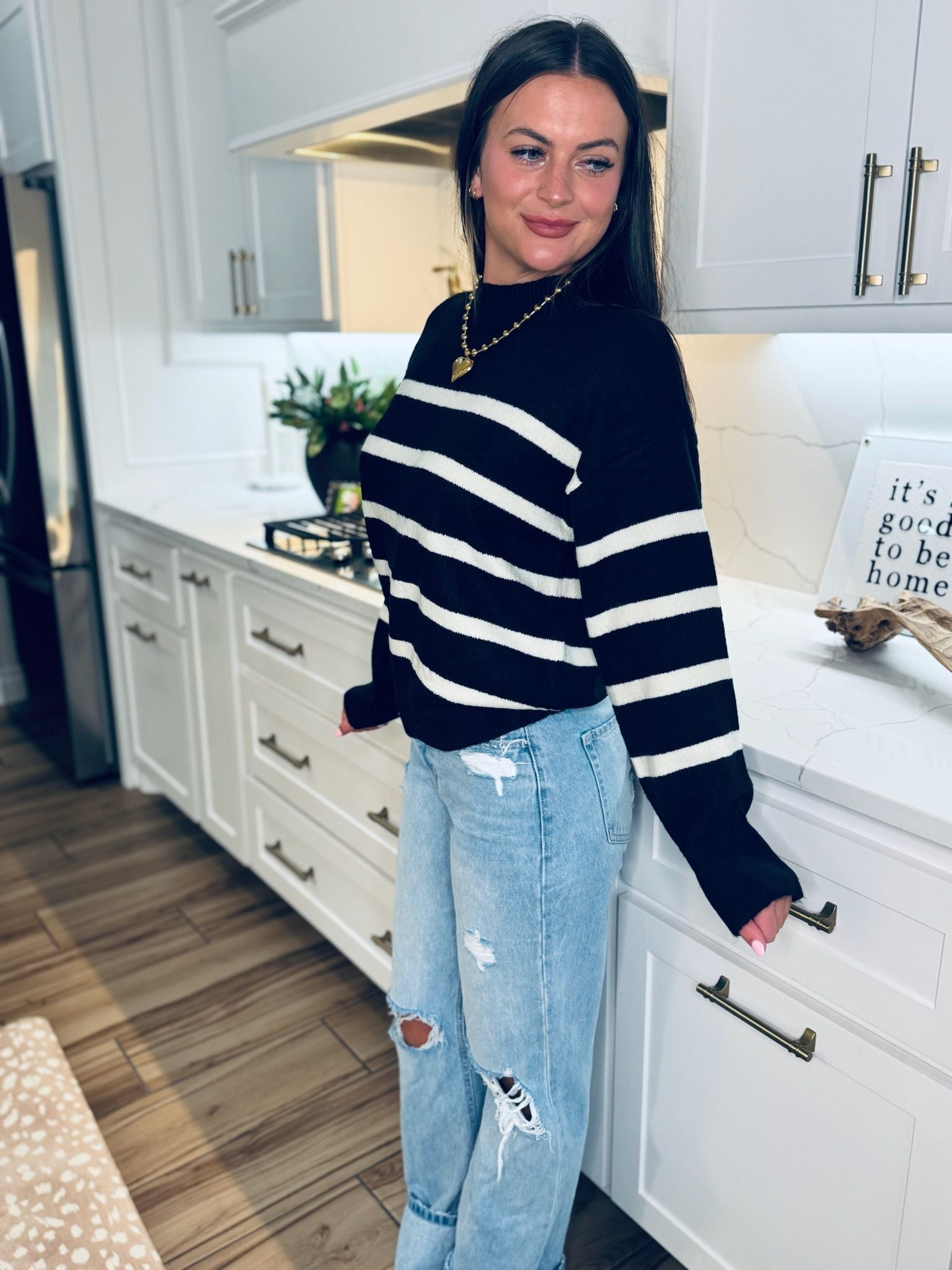 BLACK AND CREAM STRIPED SWEATER - M - Tops
