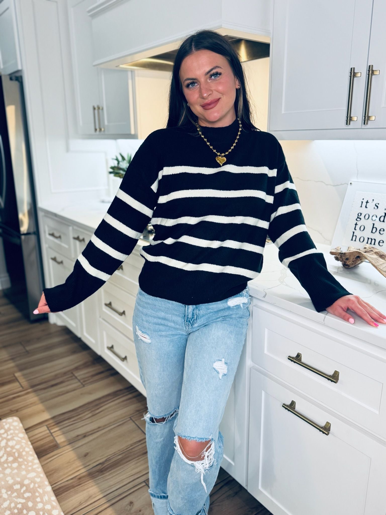 BLACK AND CREAM STRIPED SWEATER - Tops