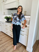 BLACK ENTRO FLORAL TOP W/PURPLE BAND