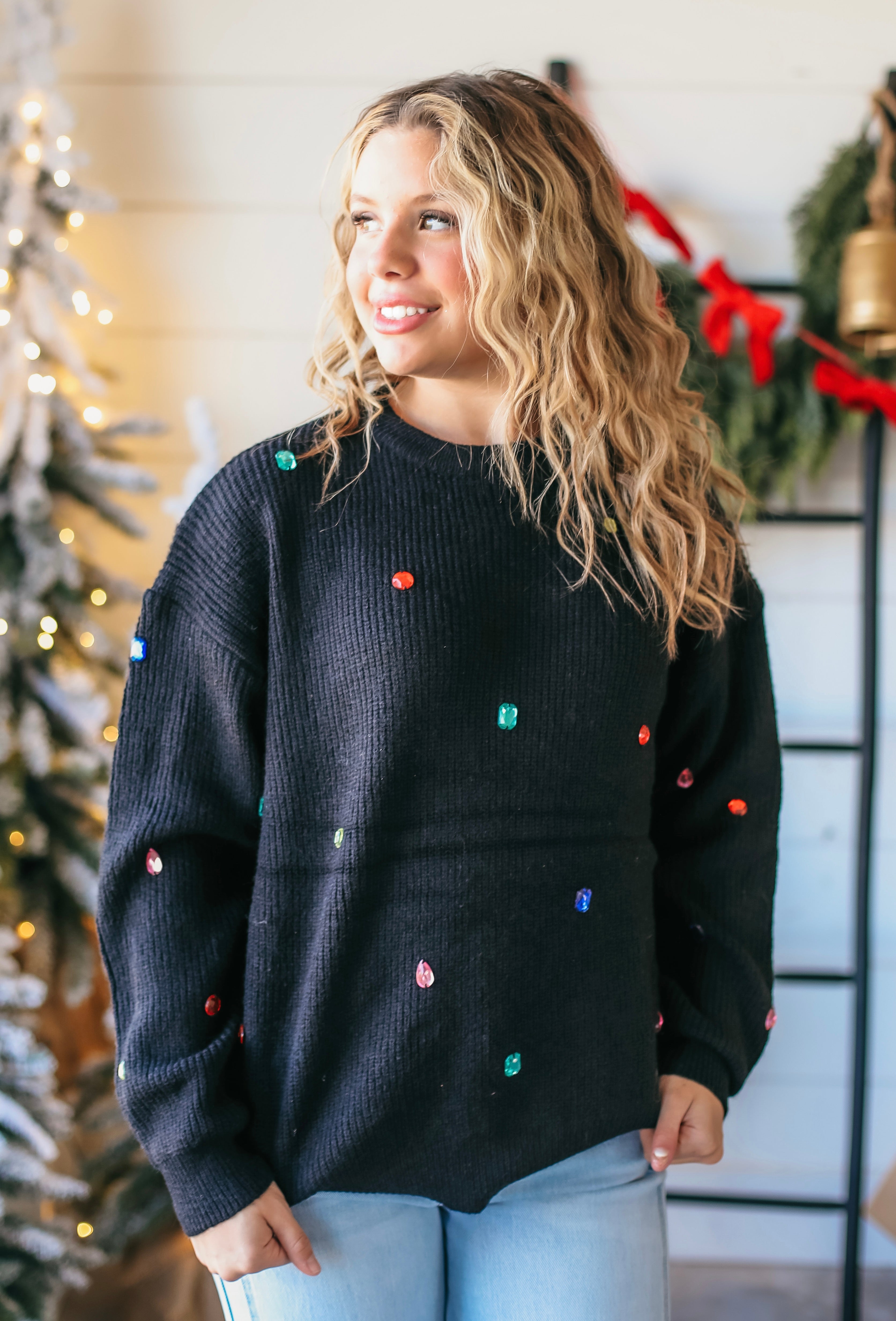 BLACK MULTI- COLOR JEWELED SWEATER