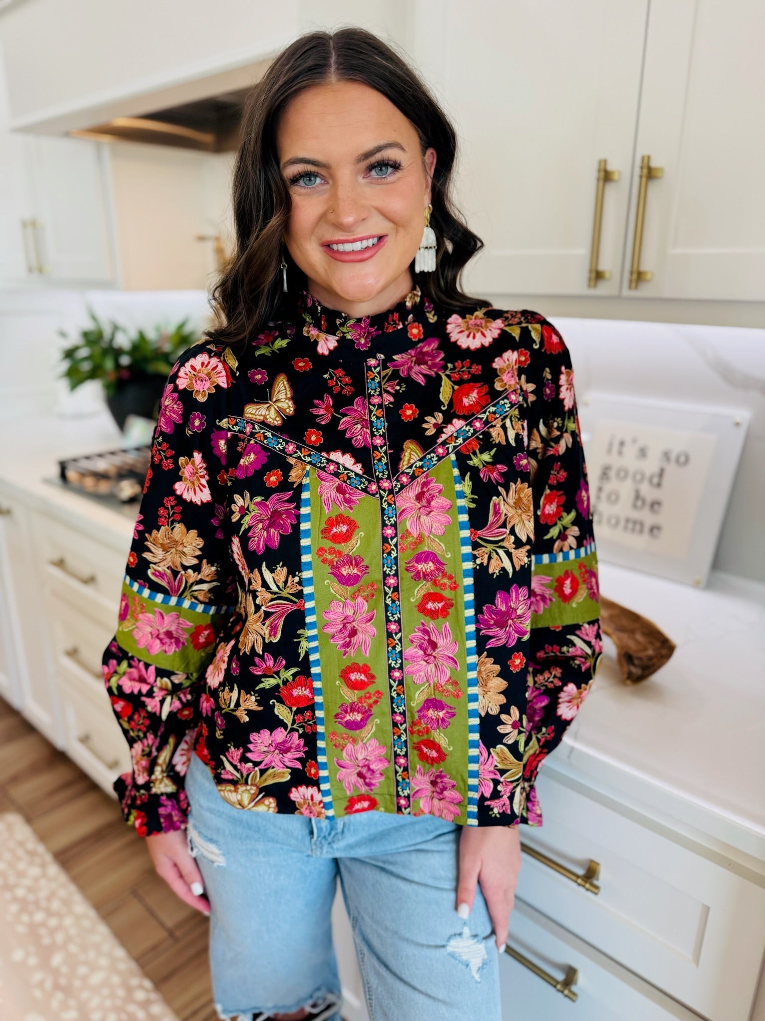 BLACK MULTI FLORAL PRINT TOP - Tops