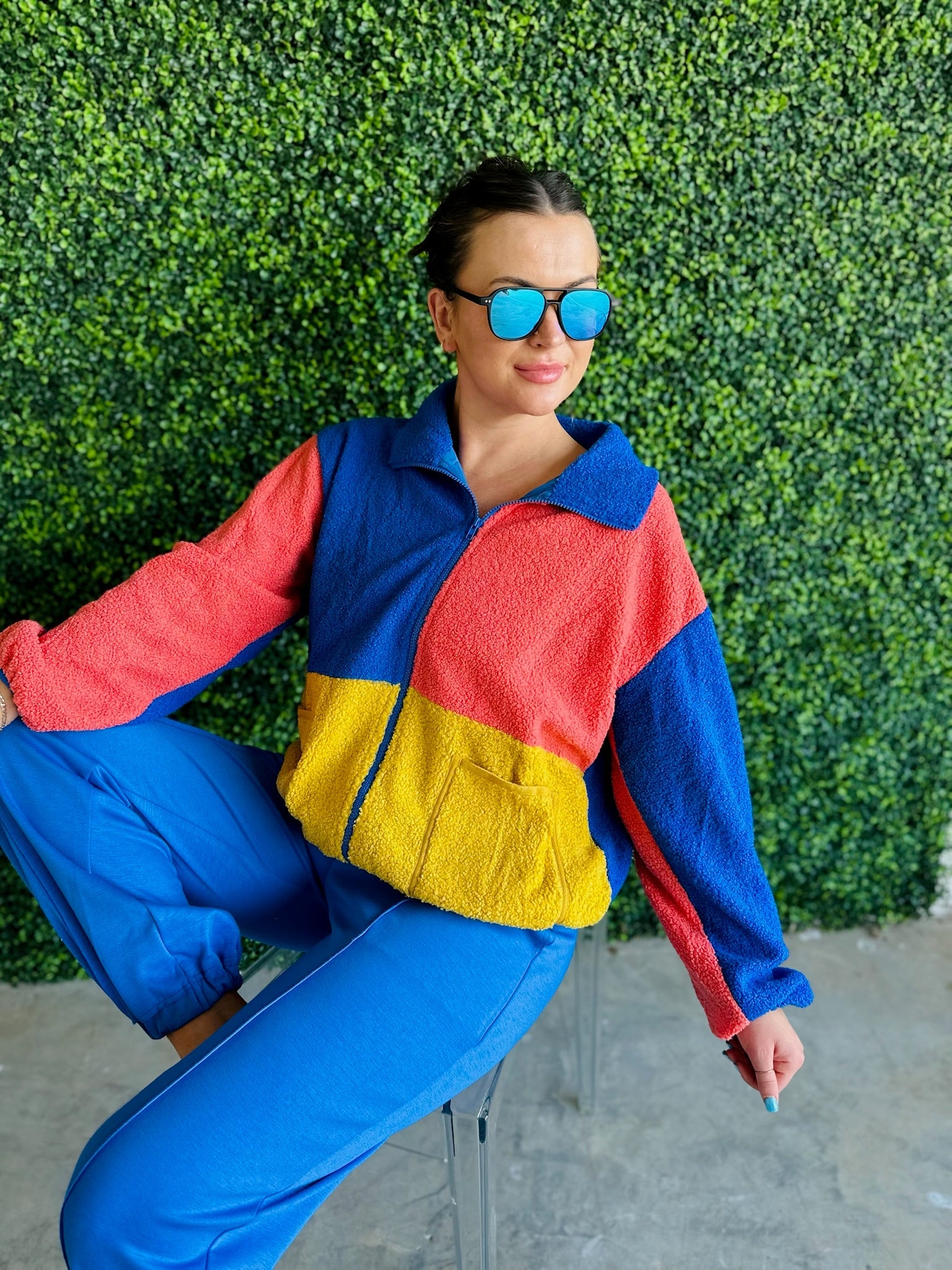 BLUE ORANGE AND GOLD SHERPA COLOR BLOCK ZIP UP JACKET