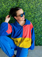 BLUE ORANGE AND GOLD SHERPA COLOR BLOCK ZIP UP JACKET