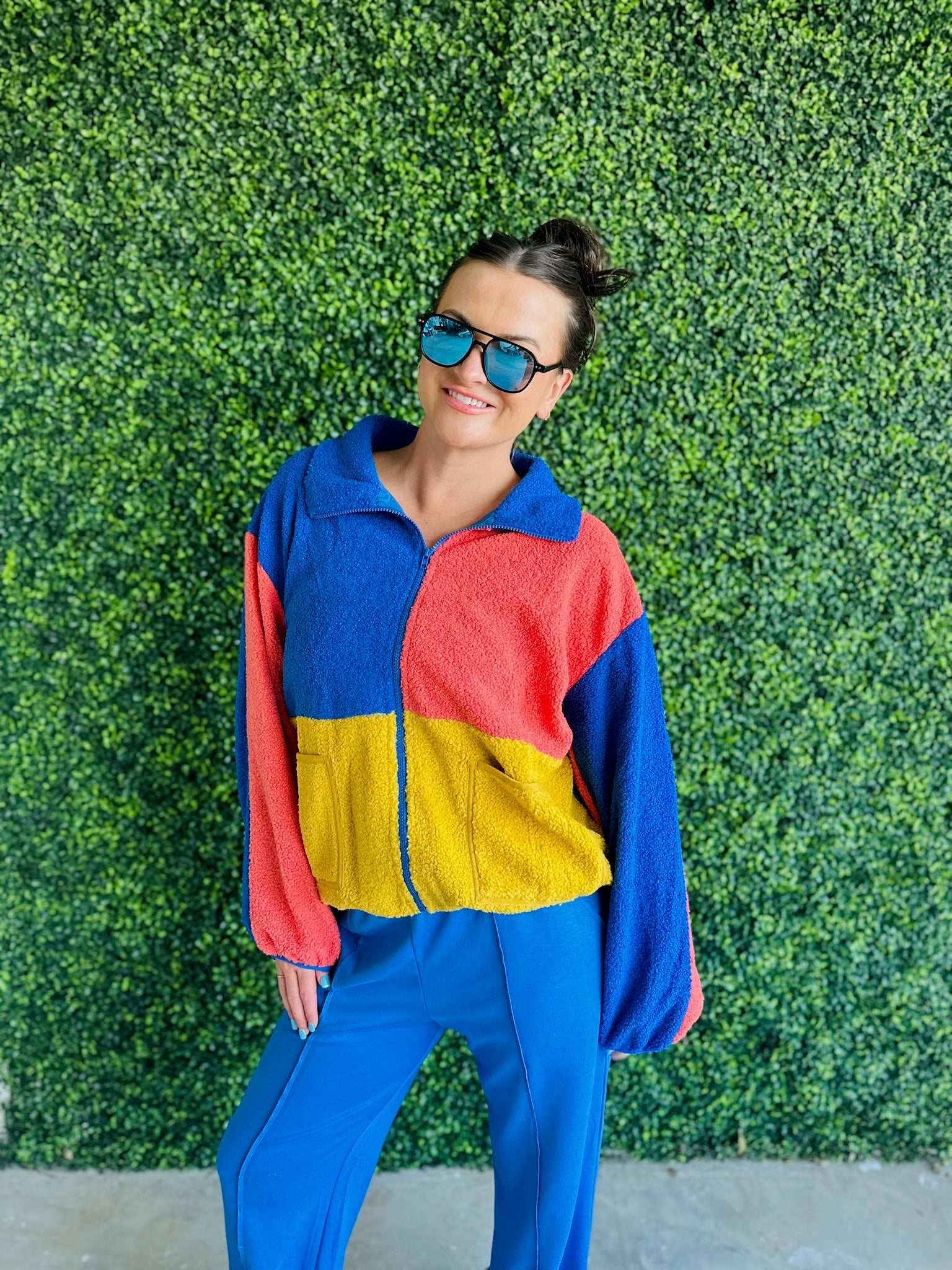 BLUE ORANGE AND GOLD SHERPA COLOR BLOCK ZIP UP JACKET