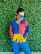 BLUE ORANGE AND GOLD SHERPA COLOR BLOCK ZIP UP JACKET