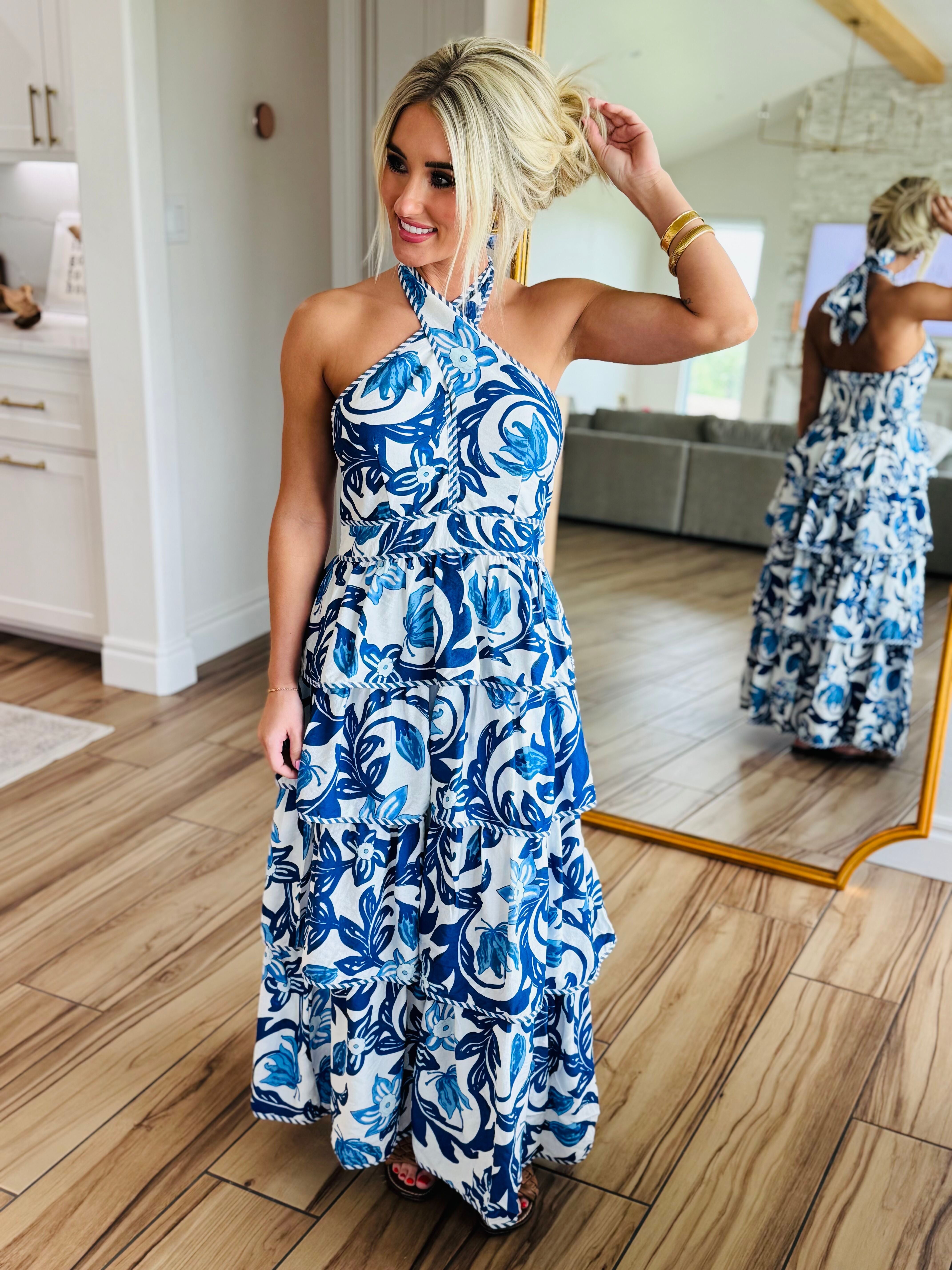 BLUE PAISLEY TIERED HALTER DRESS - Dress