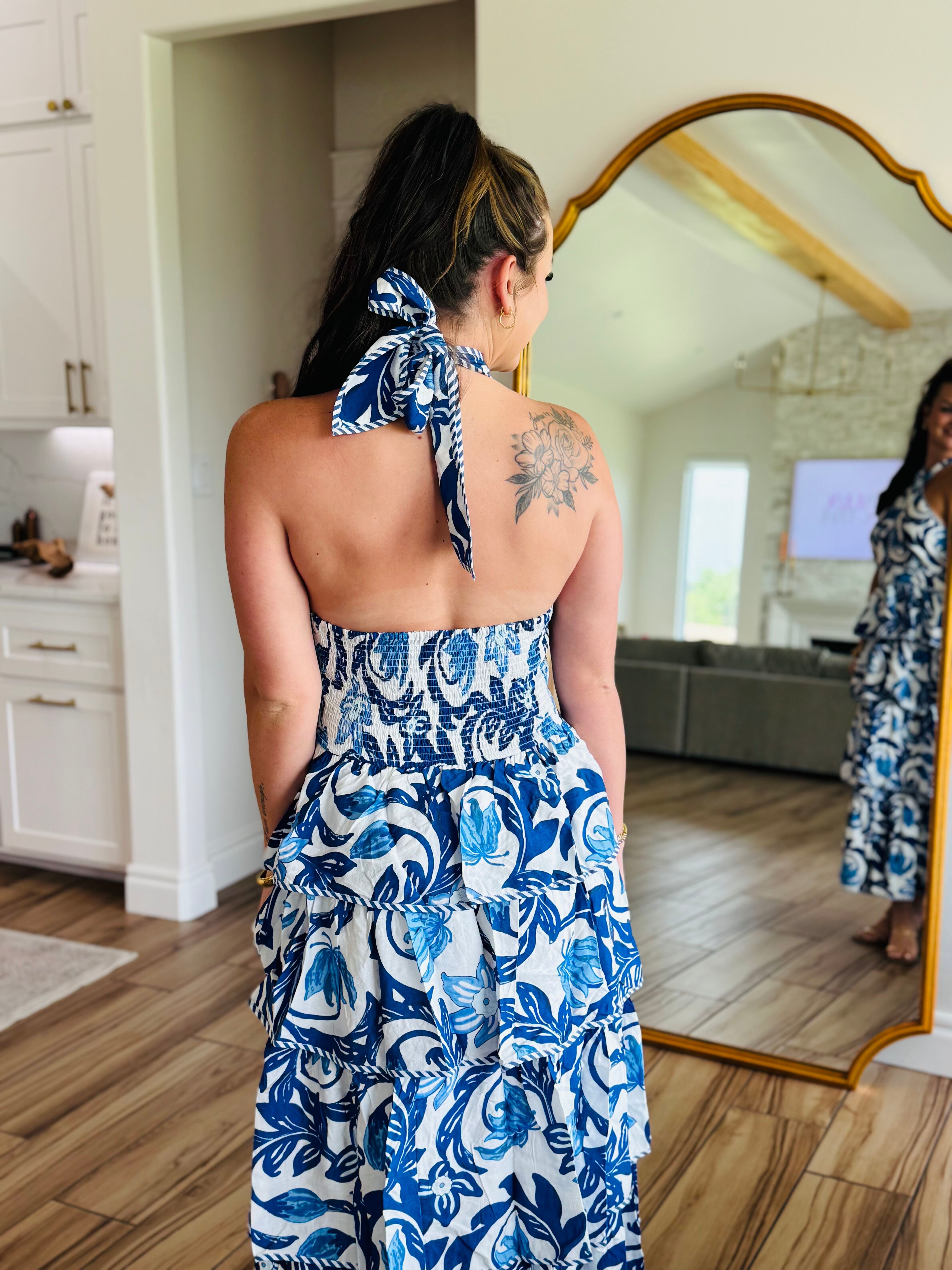 BLUE PAISLEY TIERED HALTER DRESS - Dress