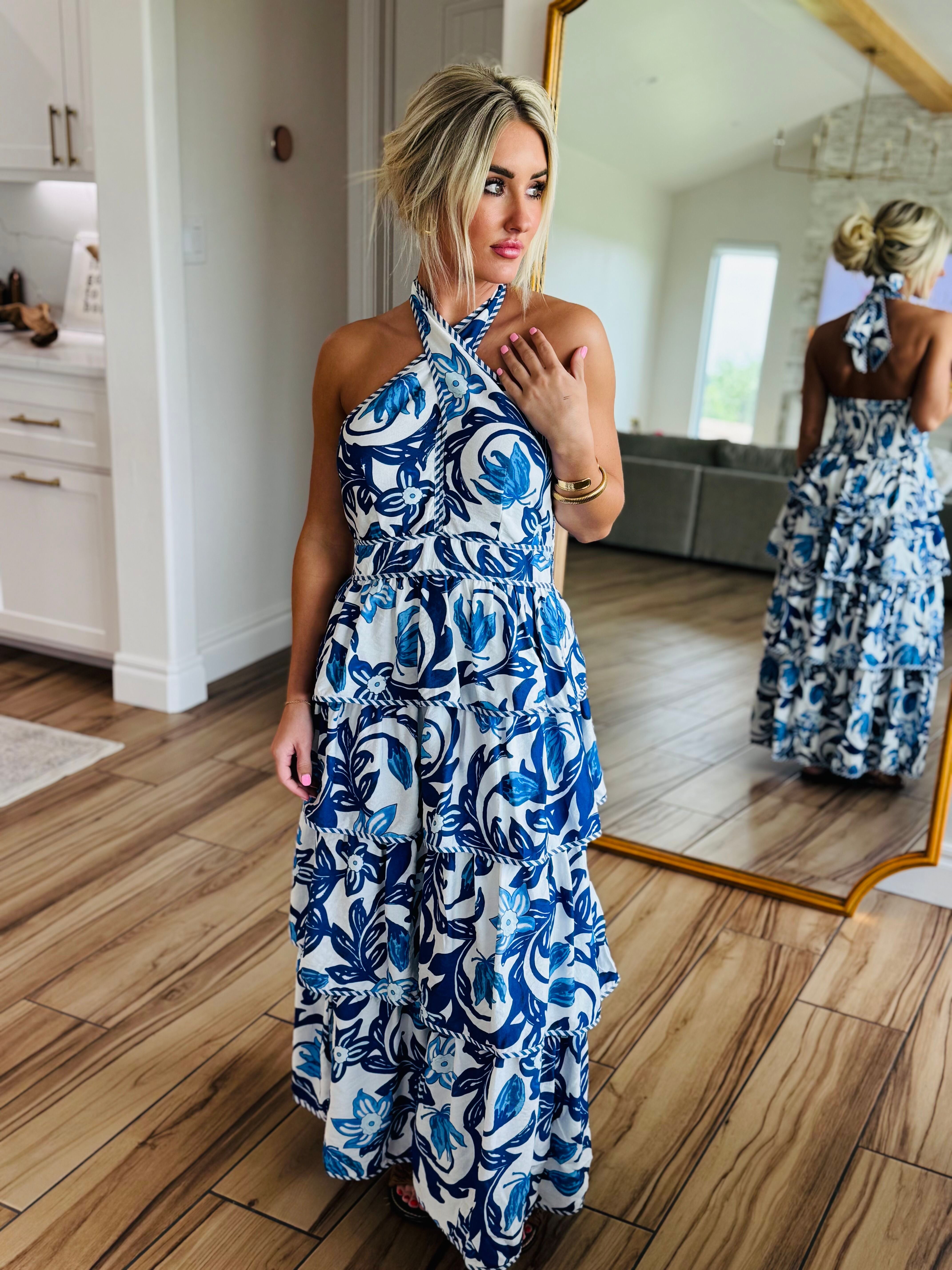 BLUE PAISLEY TIERED HALTER DRESS - Dress