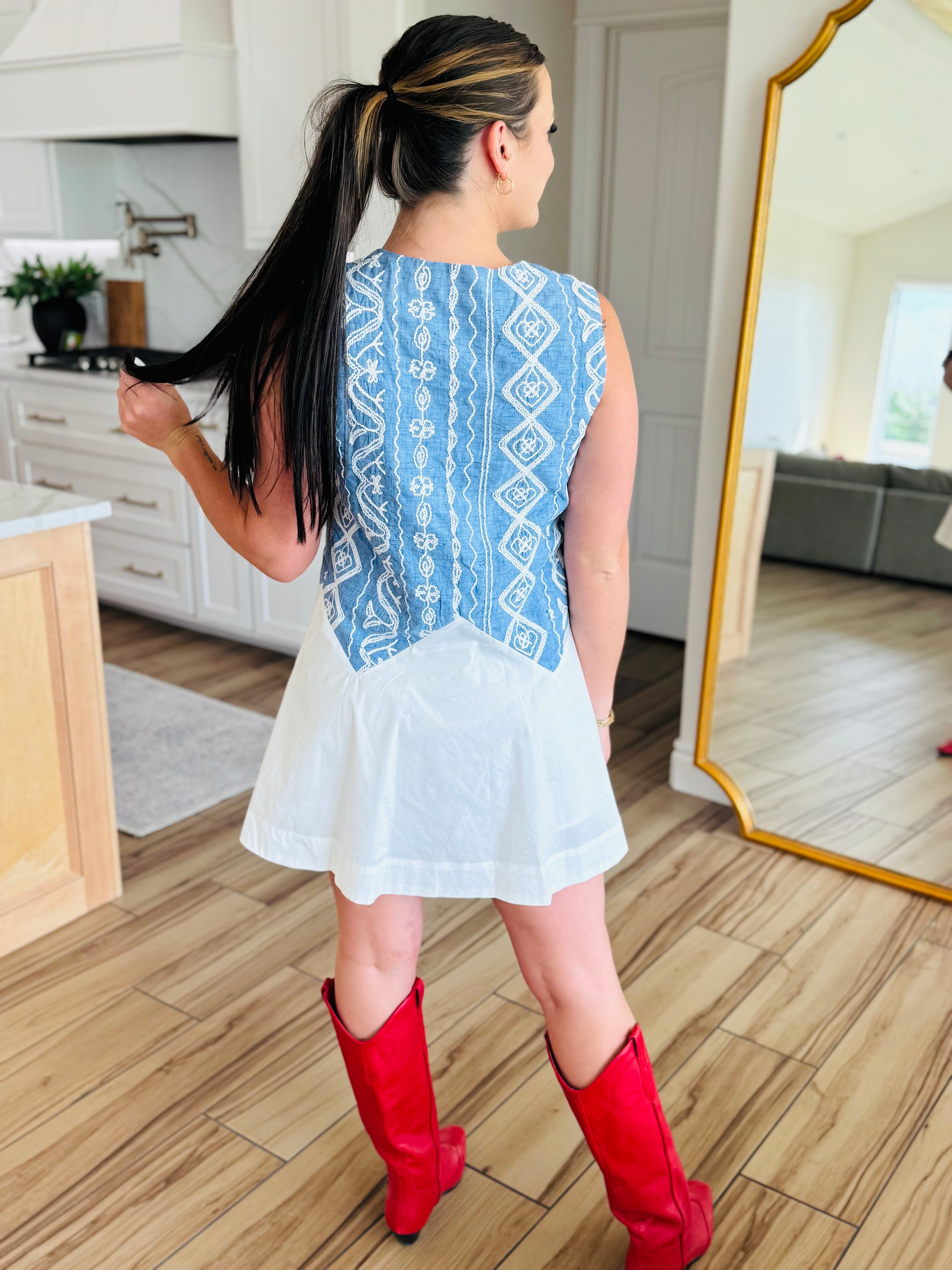 Stylish Blue and White Embroidered Dress with faux button accents, perfect for rodeos and summer events.