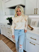 BUTTON CHAMPAGNE RUFFLE DETAIL STAND COLLAR BLOUSE - Large - Tops