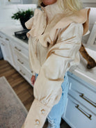 BUTTON CHAMPAGNE RUFFLE DETAIL STAND COLLAR BLOUSE - Tops