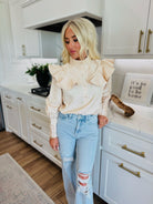 BUTTON CHAMPAGNE RUFFLE DETAIL STAND COLLAR BLOUSE - Tops