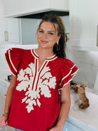 CINAMMON EMBROIDERED FLUTTER SLEEVE TOP BY ENTRO - Tops