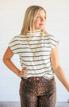 CREAM AND BLACK STRIPE MOCK NECK TOP BY ENTRO - Tops