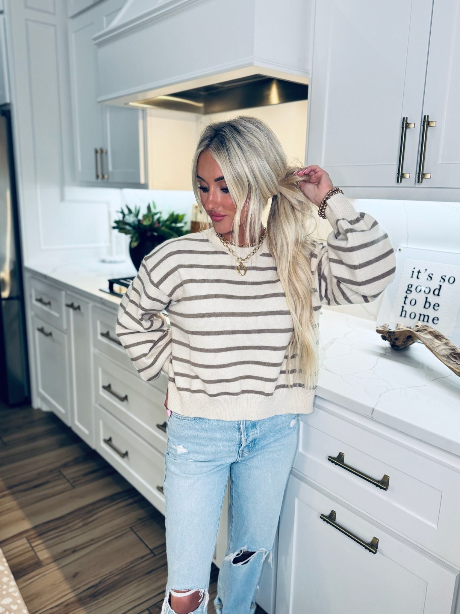 CREAM AND CAMEL STRIPE SWEATER - Tops