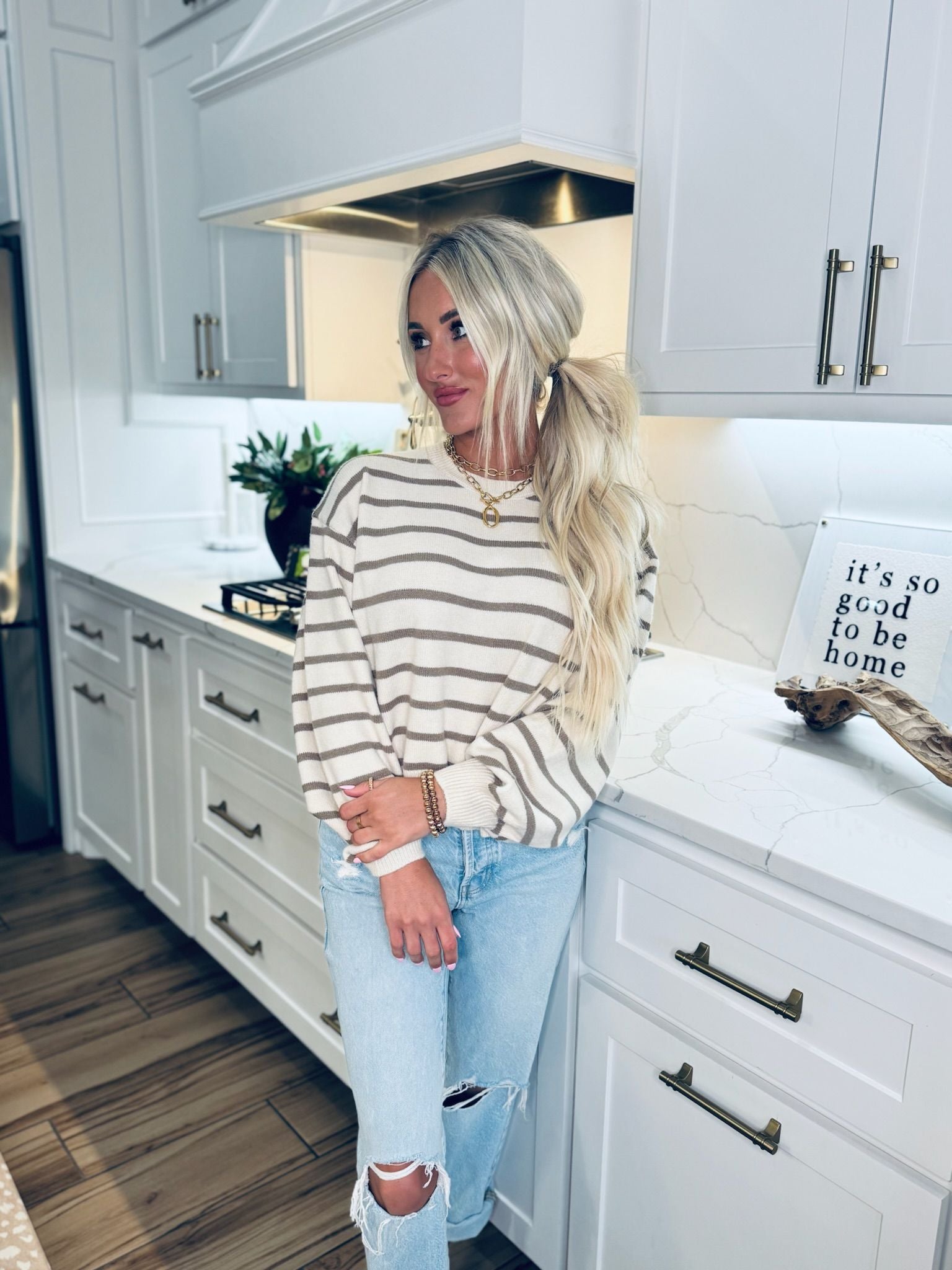 CREAM AND CAMEL STRIPE SWEATER - Tops
