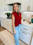 CRIMSON ROUND NECK CAP SLEEVE SWEATER - Tops